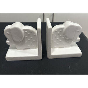 Elephant Bookend White Ceramic Baby Nursery Trunk Up Raised Dots Set Of 2